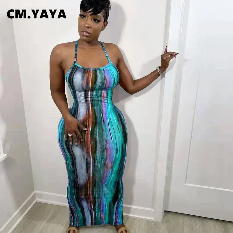 Cm.yaya TIE DYE TLAČ HAlter Open Back Maxi Dress Women Bodycon bez rukávov Zlomený zadný ceruzka midi dlhé šaty leto 2021