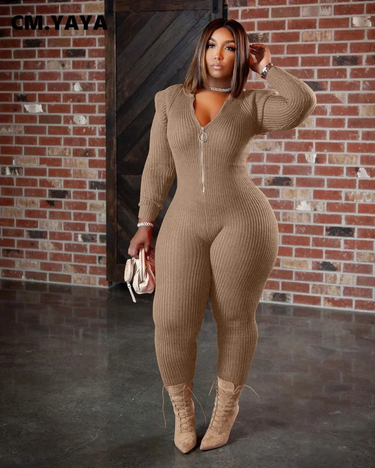 Cm.yaya Winter Spring Pleted Women Women Women Zipper Fly s kapucňou Solidy sexy kombinéza Elegantná elegantná rukáv Romper Romper One Piece Hrays Suits Suits