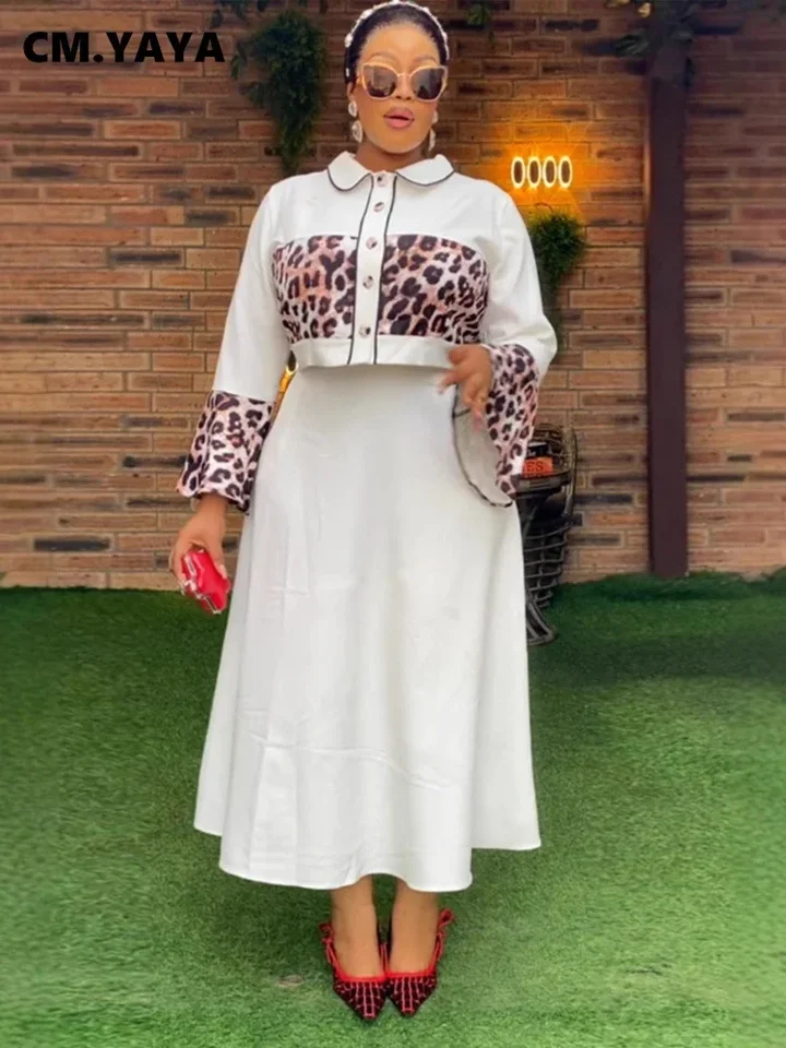 Cm.yaya Womena Dlhý rukáv Leopard Tlač košele +dlhá sukňa Suit Office Lady Elegant 2 -Piece Set Outfits INs Fashion Autumn Winter Winter