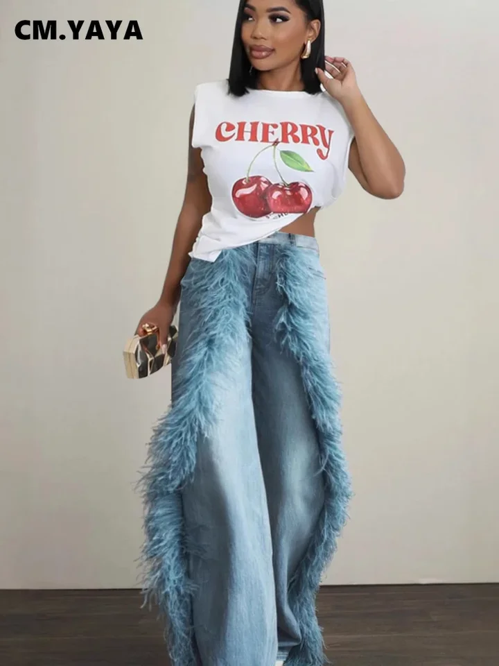 Cm.yaya Womena Feather Washed Rovné džínsové nohavice 2024 Fall Fashion High pásové džínsy na nohavice na ulici Streetwear