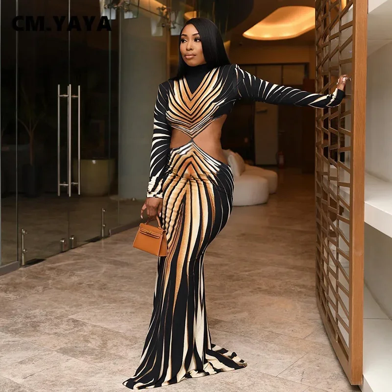 Cm.yaya Womena O-krk pruhovaný výtlačok s plným rukávom dlhé maxi šaty 2024 Jeseň Streetwear Night Club Evening Party Dresses Vestidos