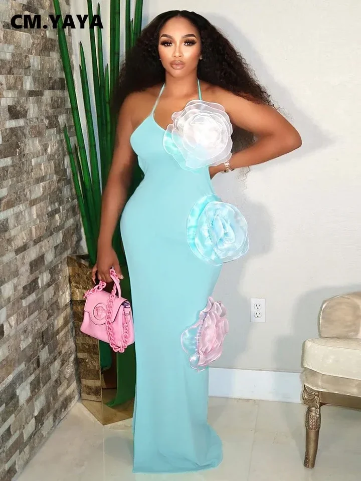 Cm.yaya Ženy backless 3D kvetinové remienok bez rukávov dlhé maxi šaty České plážové prázdniny Evening Street Party šaty Vestidos