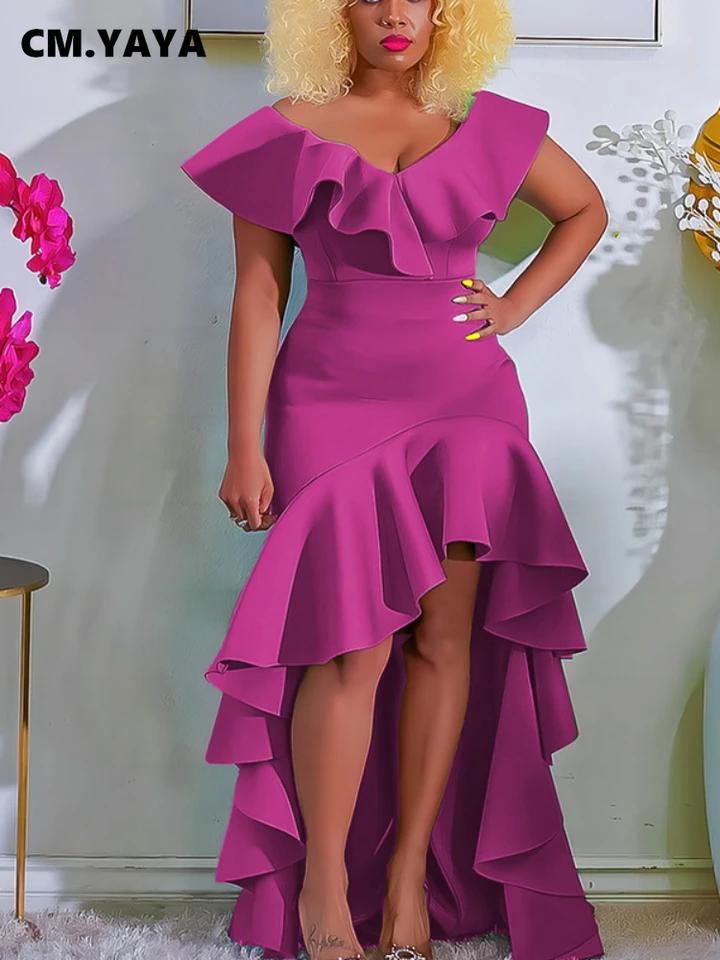 Cm.yaya Ženy boho elegantné voláre s krátkym rukávom nepravidelné dlhé maxi šaty 2024 ol High Split Chic Party Evening Street Dresses