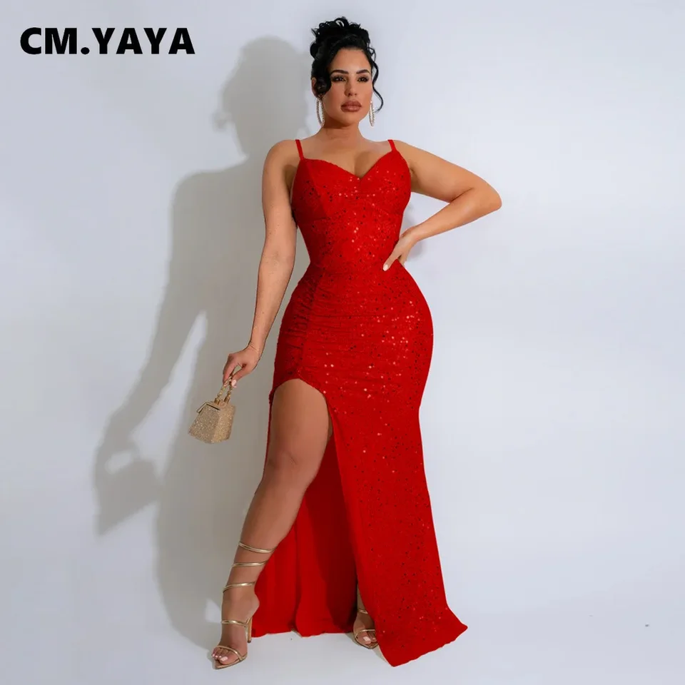 Cm.yaya Ženy Flitrovanie High Side Split Mermaid Maxi šaty 2024 Jeseň Birthday Sexy Club Evening Party dlhé šaty Vestidos
