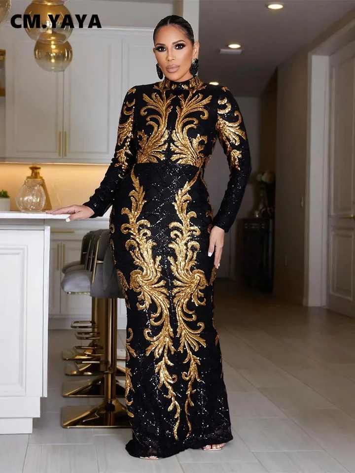 Cm.yaya Ženy Flitrovanie O-krka Vysoký pás Full Ruckve Birthday Bodycon maxi šaty Spring Evening Sexy Party dlhé šaty Vestidos