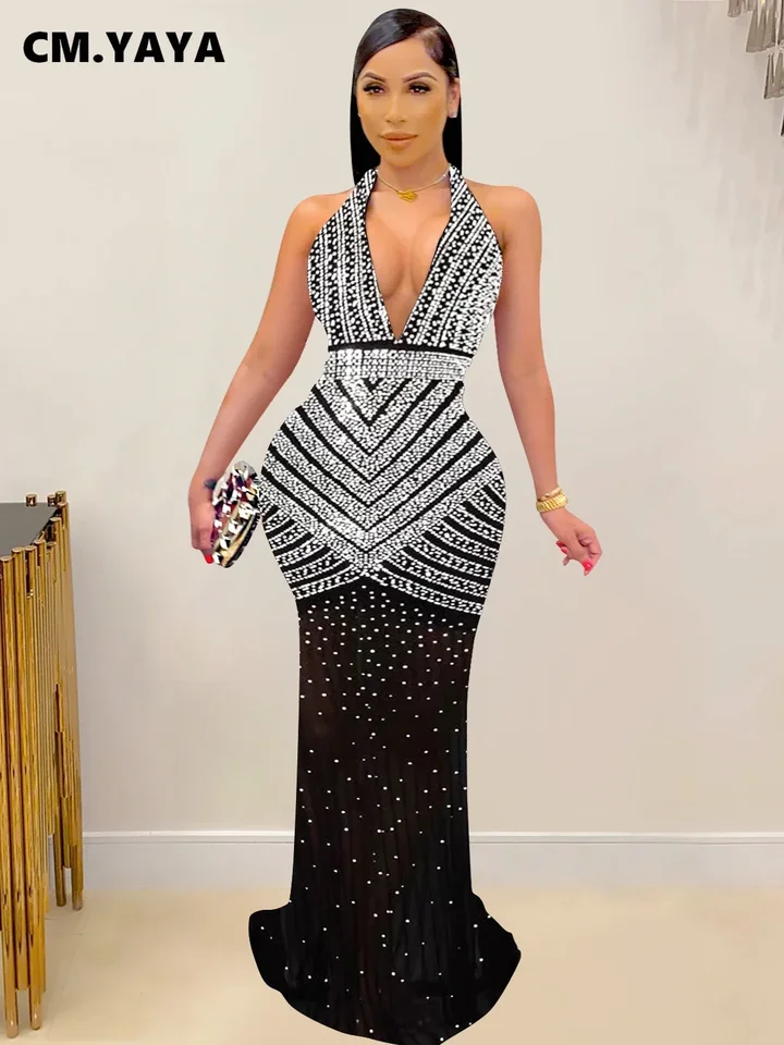 Cm.yaya Ženy Halter Neck Diamonds Hot Rinestones backless maxi dlhé šaty 2023 jeseň večer sexy párty šaty Vestidos