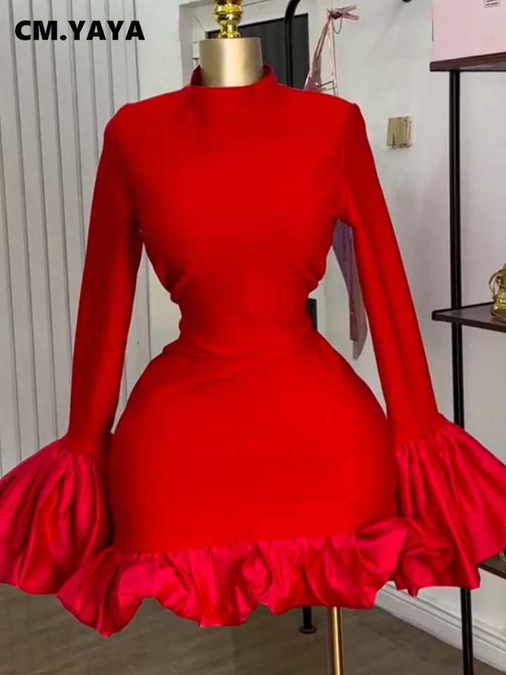 Cm.yaya Ženy O-krk dlhé plachtové rukávy Mini šaty 2025 jarné sladké sexy narodeniny večerné večerné večierky Vestidos šaty