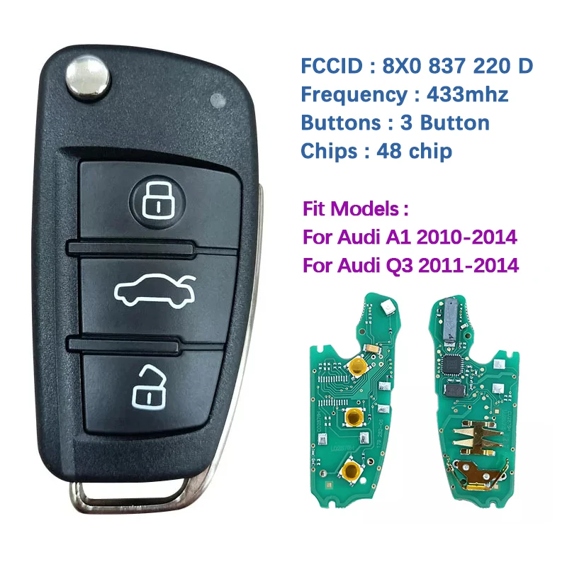 CN008025 Tlačidlá Aftermarket 3 Flipte Diaľkové auto pre A-U-U1 Q3 2011-2014 433MHz ID48 Chip FCCID 8x0 837 220 D