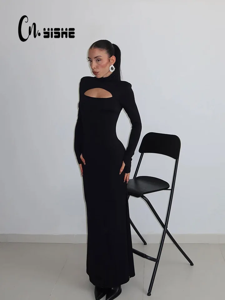 Cnyishe Hollow Out High Collar Solid Bodycon Sexy Club Dámske šaty Šaty s dlhým rukávom bedr