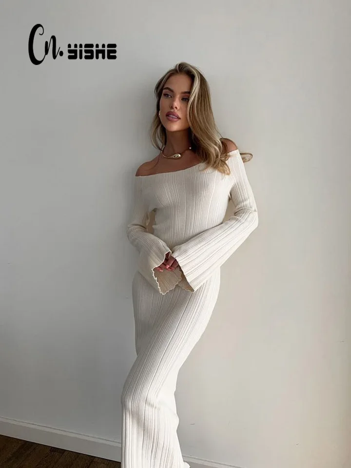 Cnyishe pletená lomka krk elegantné sexy klub Dámske šaty šaty s dlhým rukávom Bodycon módny bedrový obal štíhle ženské vesty rúcho