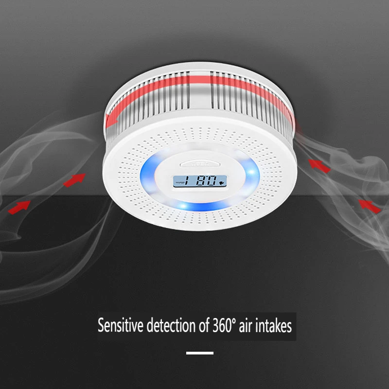 CO detektor dymu 2-v-1 Zvuk a svetlo alarm LCD Screen Screen Dym+Alarm oxidu uhoľnatým vysokou citlivosťou Detekcia