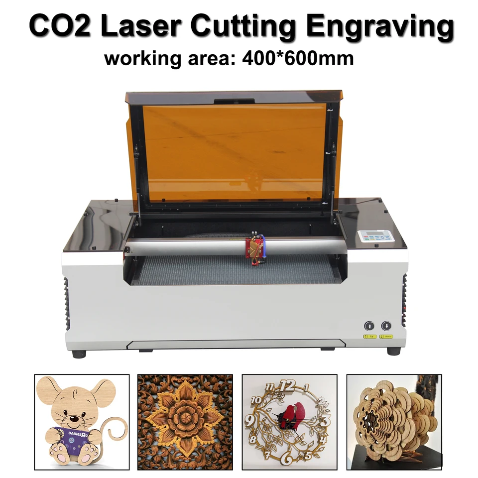 CO2 laserový gravírovací stroj 400*600 mm laserový strihový stroj 50 W laserová trubica laserový ryšík na drevo spracovateľa textílie Koža