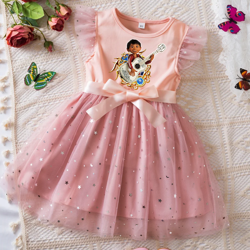 Coco Sweet Girls Letné oblečenie lietajúce rukávy luky flitry šaty 2-6y Kid narodeniny ružové nadýchané tutu princezné šaty pre dievčatko