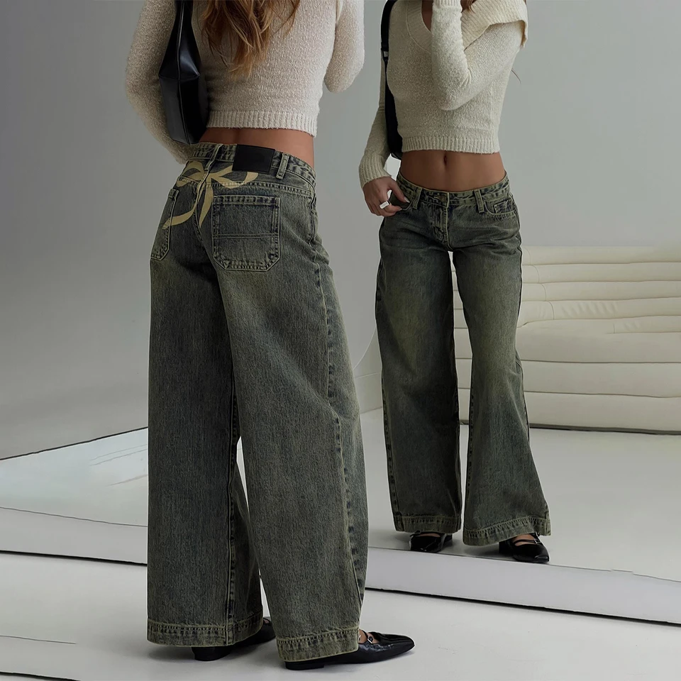 Combhasaki Dámsky y2k vintage voľné džínsy Grunge Back thow tlačidlo tlačidlo s nízkym pásom široké džínsové nohavice Dlhé nohavice pre denné streetwear