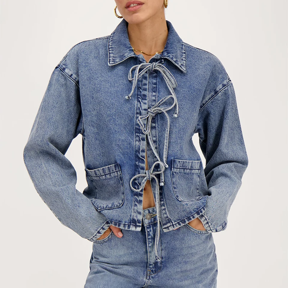 Combhasaki Womens Y2K Vintage Bow zviazaný predný džínsový džínsový bunda s dlhým rukávom Otočte kabát s klopami s vreckami