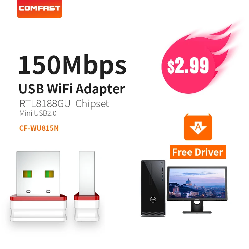 Comfast WiFi Adapter Mini Wireless Network Card 150 MBPS 2.4G USB Wi-Fi Adapter RTL8188GU WIN PC prijímač WiFi Dongle CF-WU815N
