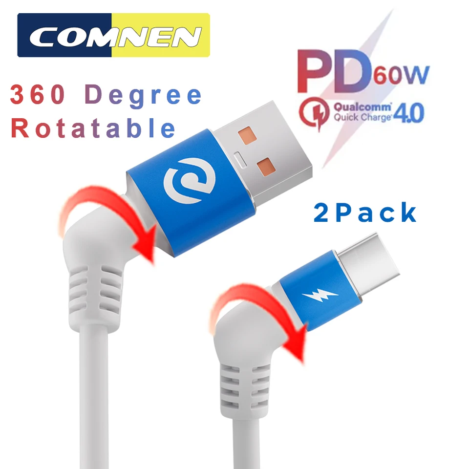 Comnen 2pcs USB A/Typ C až 60W Typ C Typ C pre iPhone 15 iPad PD QC 3.0 Nabíjací kábel pre Huawei Xiaomi Samsung