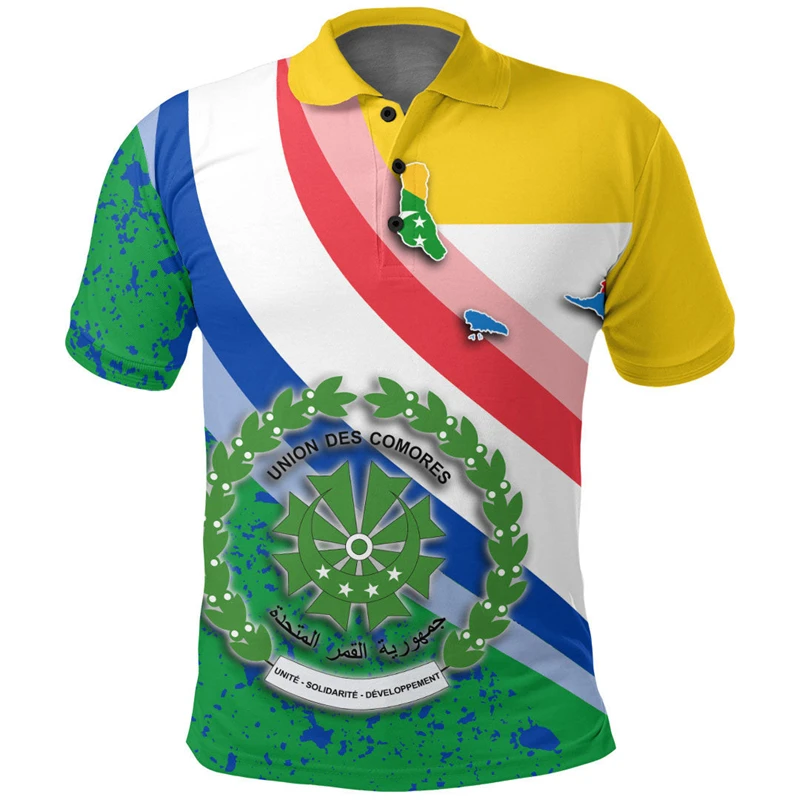 Comoros Flag Map 3D tlač pólovej košele pre mužov oblečenie Národný znak Polo košeľa Africa s krátkym rukávom Mužské dresy Príležitostné topy