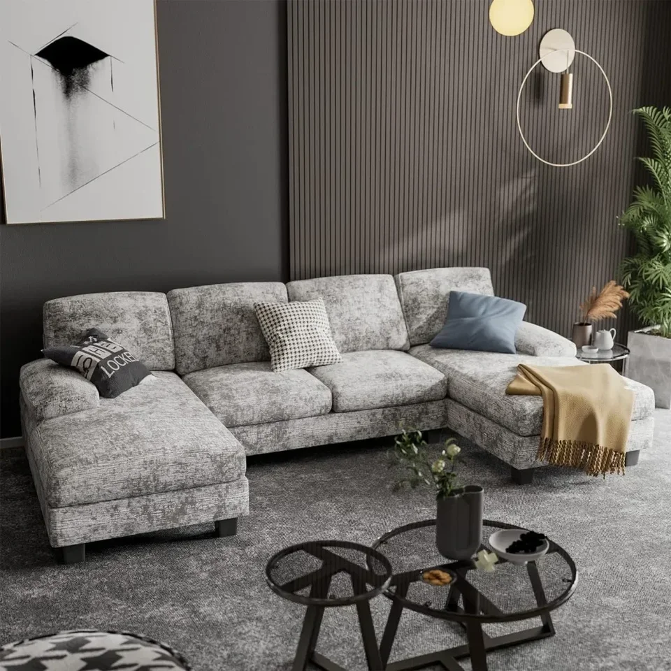 Convertible Section Sofa Gauč, 4 ​​sedadlá pohovka pre obývaciu izbu moderná tkanina Modulárna pohovka s dvojitým ležadlom