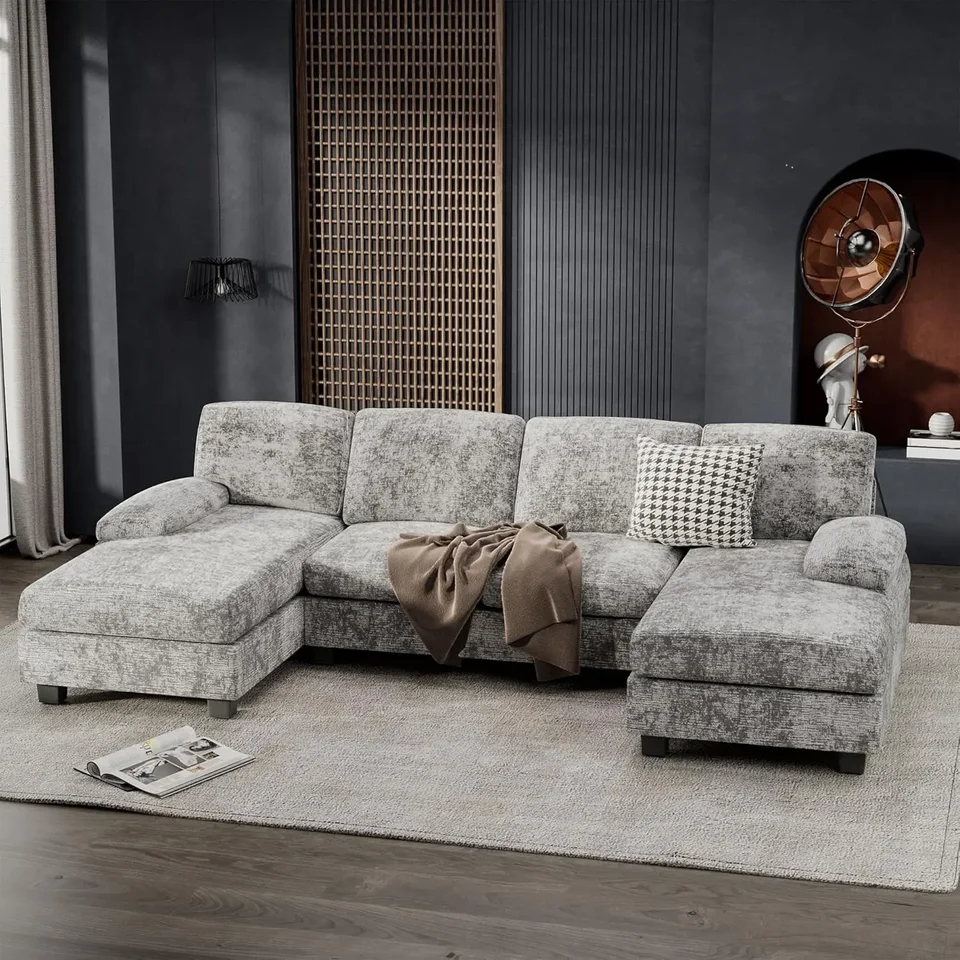 Convertible Section Sofa Gauč, moderná tkanina modulárna pohovka v tvare U v tvare U s dvojitým ležadlom a pamäťovou penou (látka, šedá)