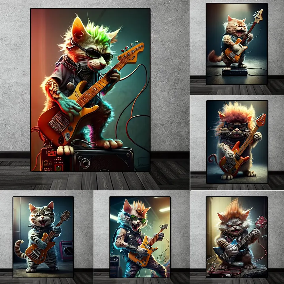 Cool Cat s gitarovým plátnom tlač vintage rock roll popový plagát pre dekoráciu steny domáceho baru