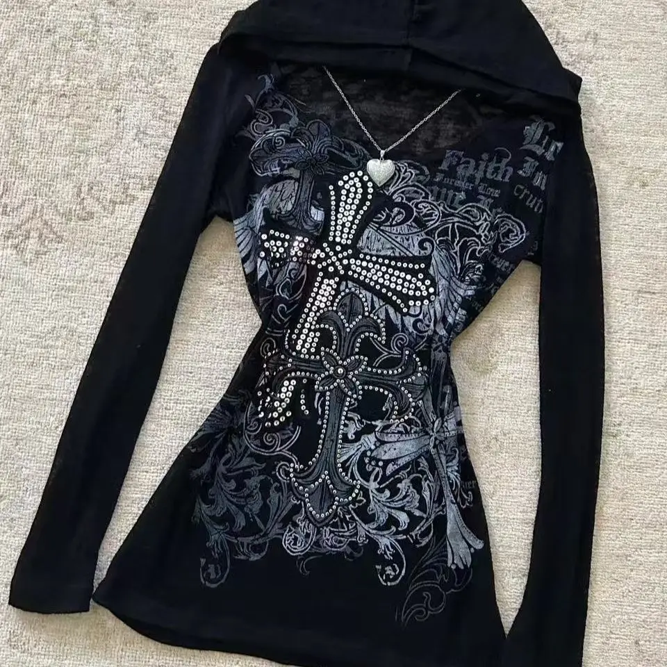 Cool Girl Dark Trend Obliekanie s dlhými rukávmi Slim Fit Gothic Punk Street Printed Rinestone Design Autumn Clothing Grafické vrcholy