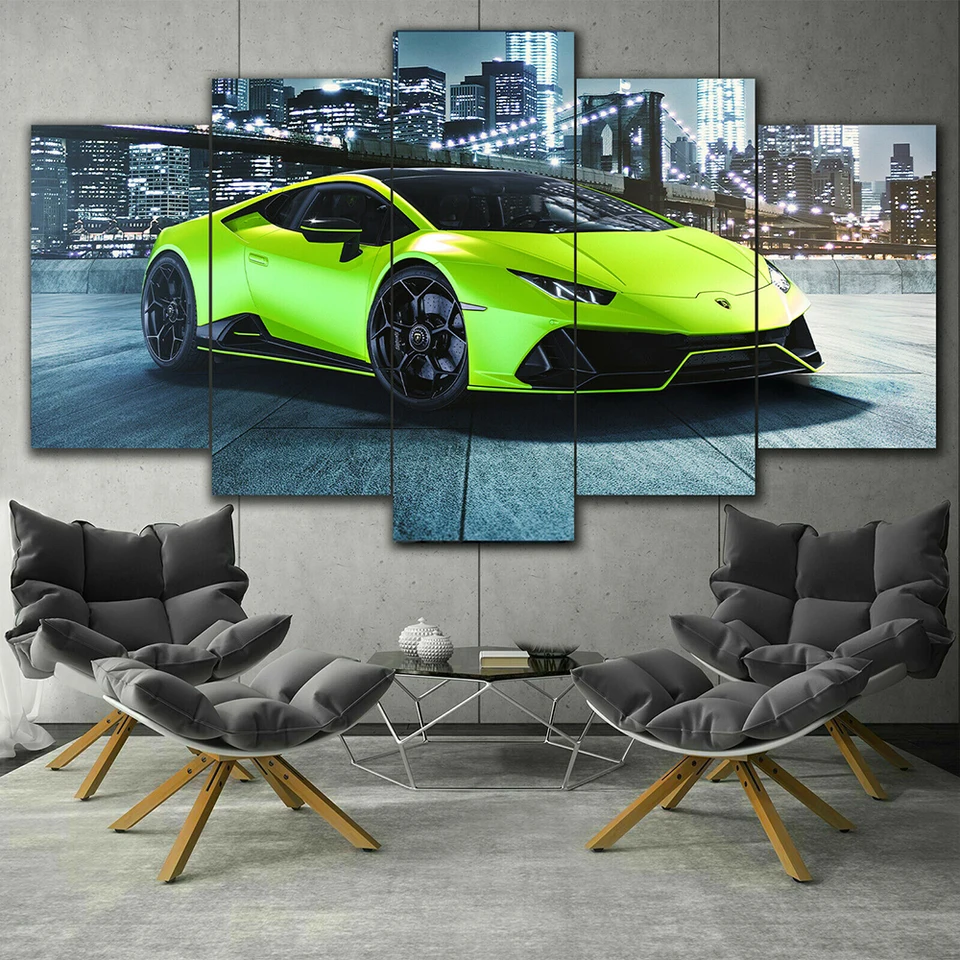 Cool Green Racing Car Canvas Wall Art Plagát maľba na obrázok Tlač nástenná maľba umelecké diela Domáca dekorácia obývacia izba Spálňa 5 panelov