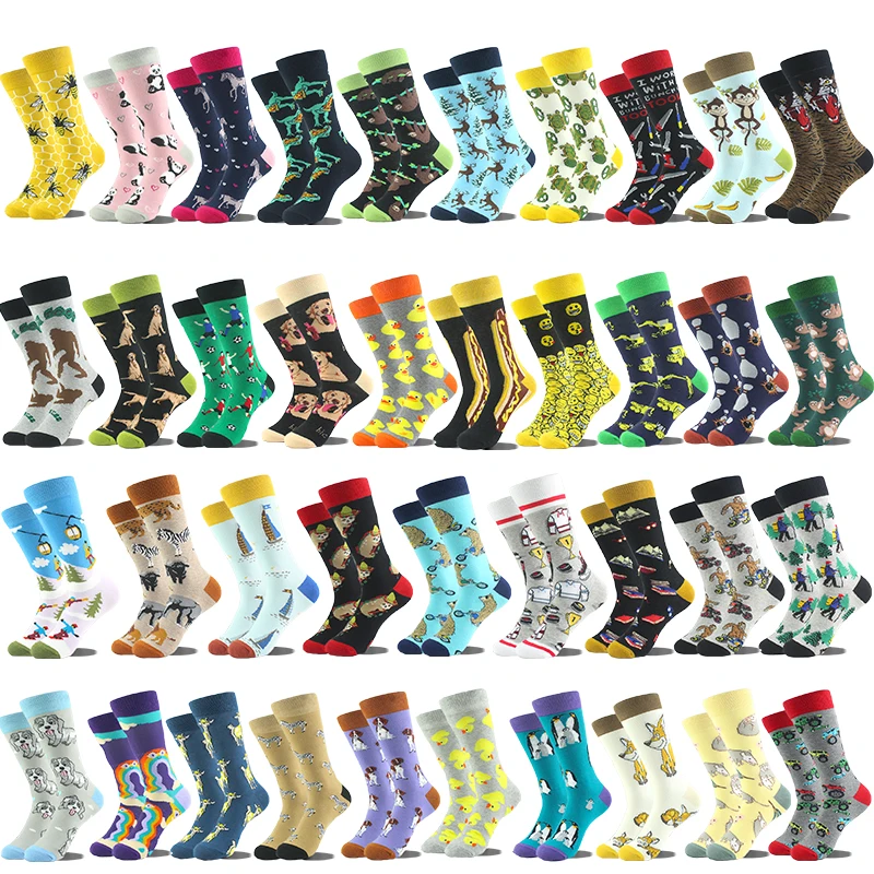 Cool Hip Hop Crew Socks Men Funny zviera veveričky žralok Dinosaur Boxing Dog Fortune Cat Sokken Harajuku Divertidos Chaussette