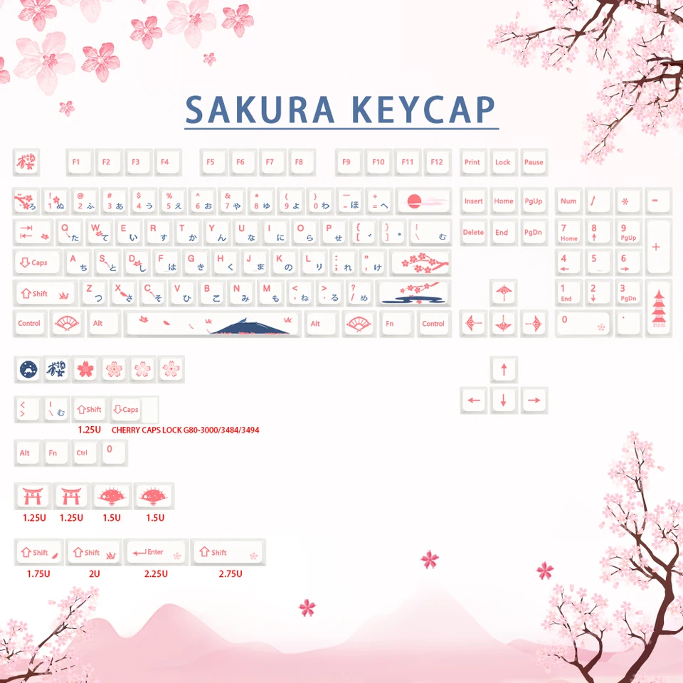 Cool Jazz Sakura Keycap PBT XDA Dye Sublimation Keycaps pre RK61/GK61/64/68/84/980/GMMK Pro Mechanical Keyboard Cap 7U Space Bar
