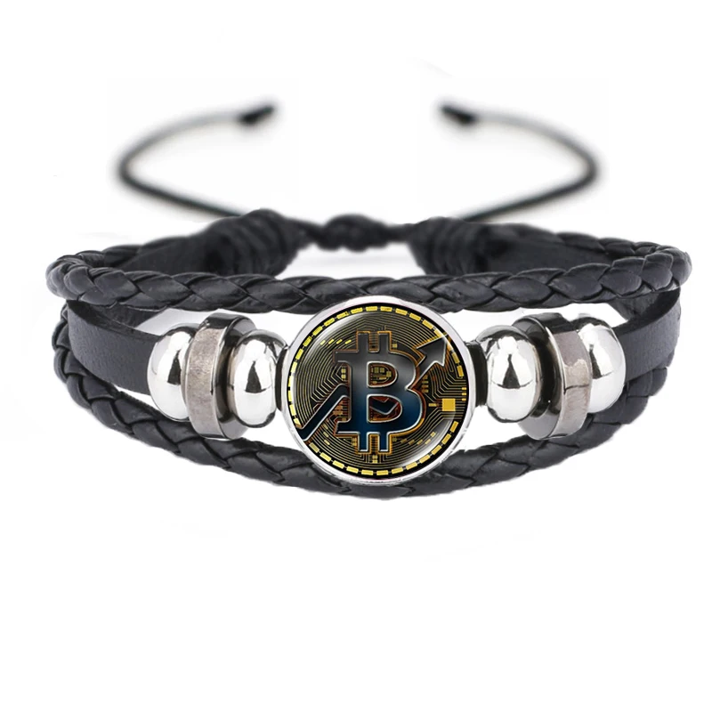 Cool Lucky Bitcoin Náramok pre pánske sklenené gombíky ručne tkané kožené náramky narodeniny darček