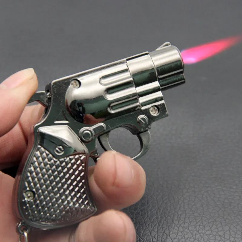 Cool mini pištoľ zapaľovač revolver plyn nafukovateľný prúdový plameň vetru vodné zapaľovače kovové kľúče prívesok Svetlejší zbraň Cigarrette darček