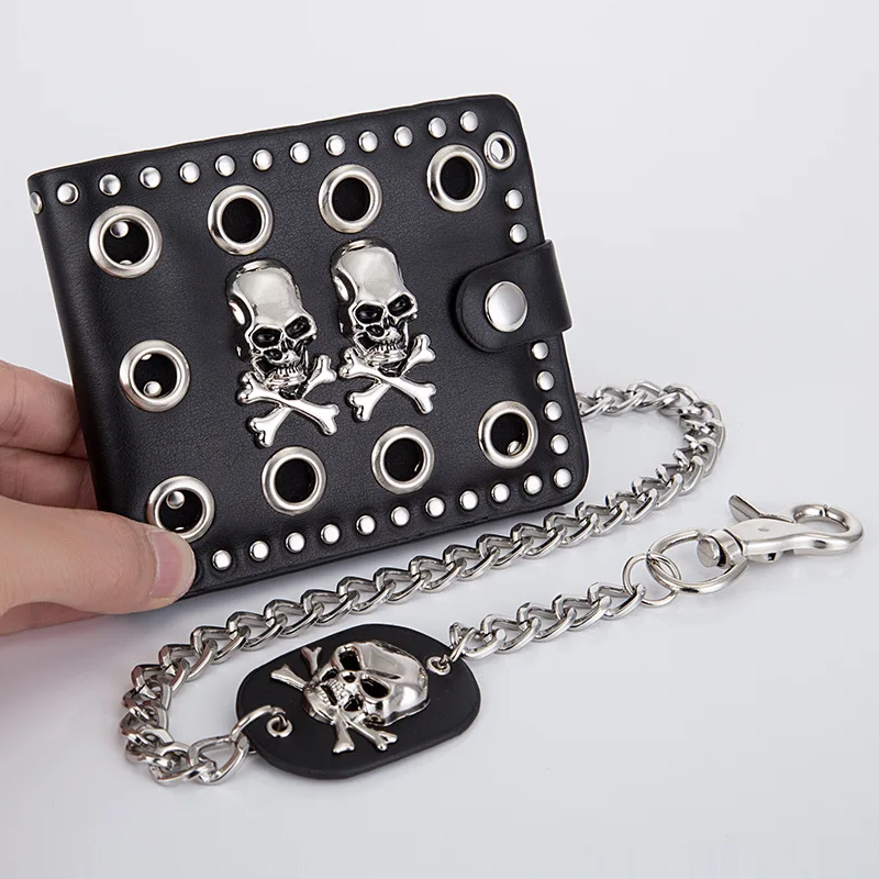 Cool Punk Gothic Western Skull Clutch Clutse Retro Steam Rock Pu Kožené vaky s reťazou pre mužov držiak kariet držiak karty