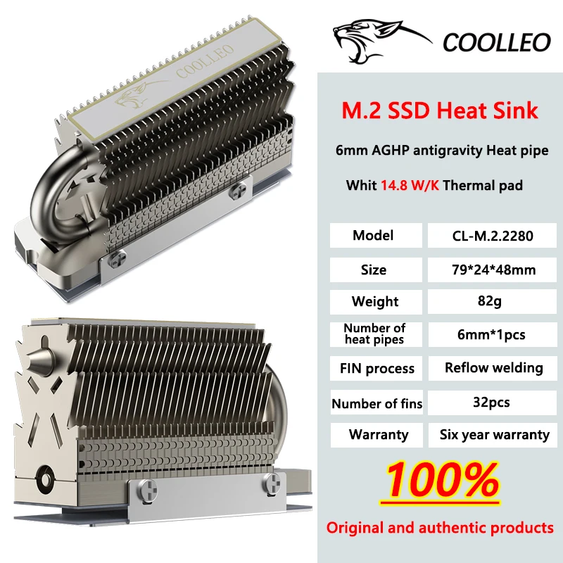Coolleo HR-09 M.2 2280 SSD Heatsink Plne elektroplatovaný zvárací zvárací AGHP Tepelný pipe 2280 NVME SSD Cooler