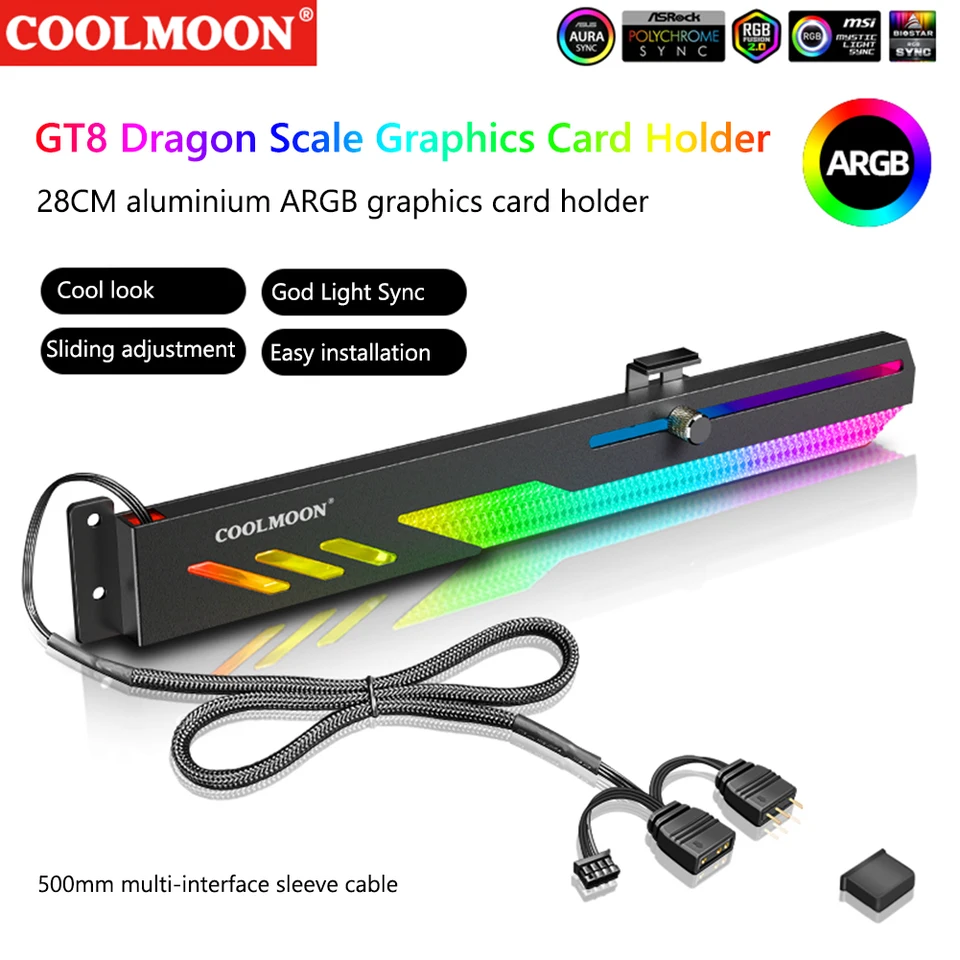 CoolMoon GT8 Graphics Card Support 5V ARGB Držiteľ GPU s hliníkovou zliatinovou kartou stojan pre ASUS/MSI/GIGABYTE/ASROCK