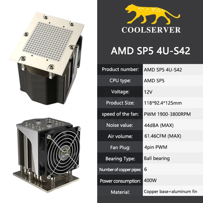 CoolServer AMD SP5 4U-S42 CPU Server Cooler 6 Heatpipes TDP 400W radiátor so 4pin pwm tichý chladiaci ventilátor pre AMD SP5