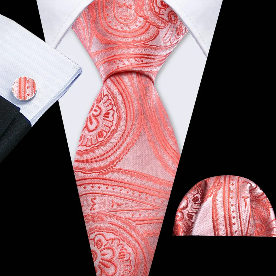 Coral Color Paisley Ties for Men 2023 Luxusný dizajnér hodváb Jacquard vreckovky Cufflinks Sety