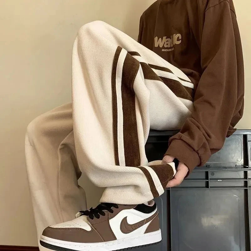 Corduroy Bočné pruhy nohavice Ženy padajú zima so širokou nohou nohavice High Was Fashion Street Dance BF Straight Men nohavice
