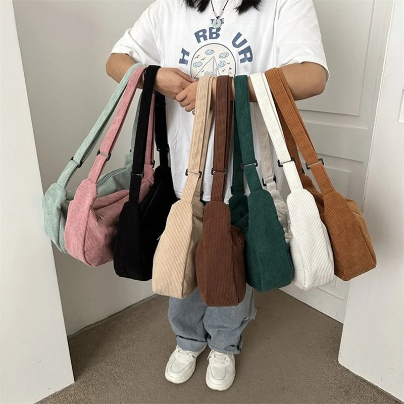 Corduroy Crossbody Tašky pre ženy Dámy veľkej kapacity vrecko na rameno módna kabelka a kabelky pevná farba žien Messenger taška