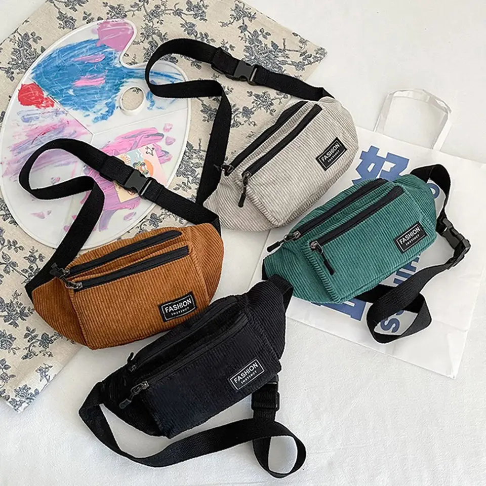 Corduroy Dámska taška na pás Small Canvas Ladies Crossbody Bags for Women Fanny Pack módny telefón ženský hrudník vrecko