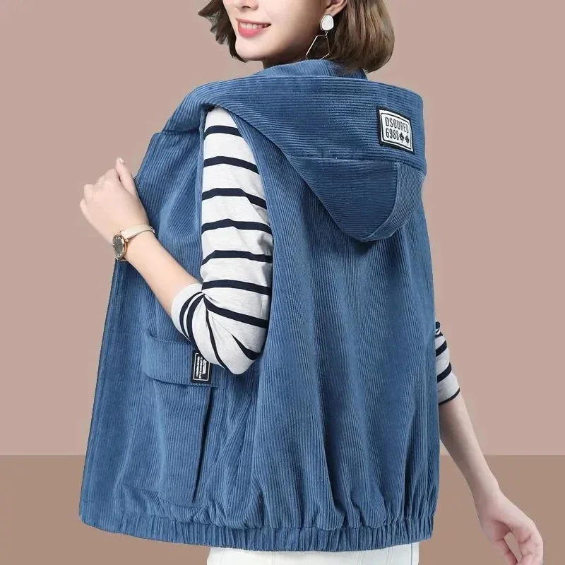 Corduroy s kapucňou vesty 6xl dámska krátka bunda jar jesenná jeseň nový kabát bez rukávov Cast Dámska zipsová vesta Outwear Top