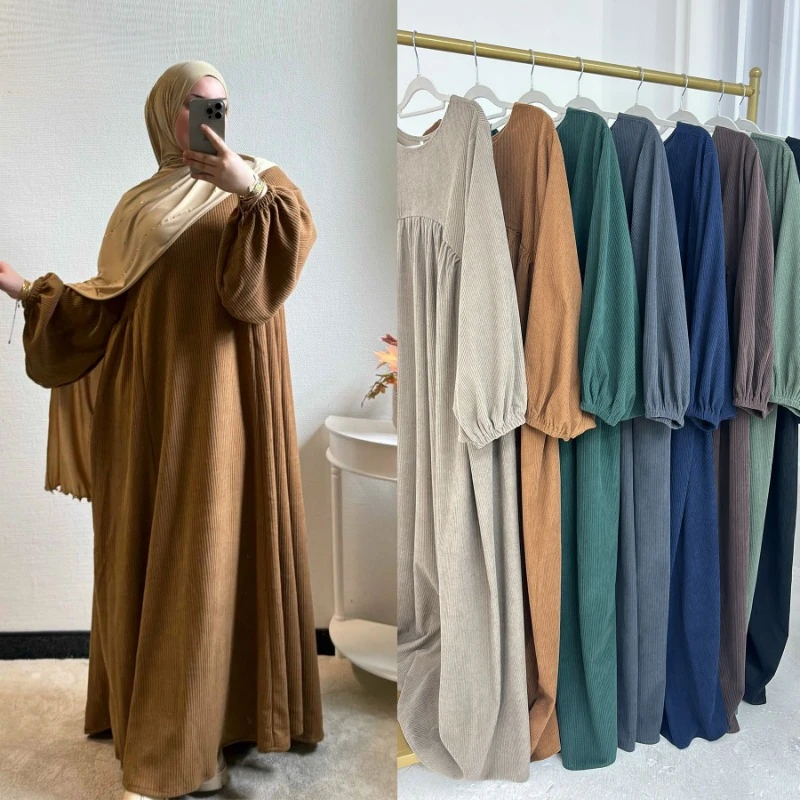 Corduroy šaty pre ženy Turecko dubaj abaya eid ramadan abayas žena voľná ležérna farebná farba rúcho Dospelý islamský odev
