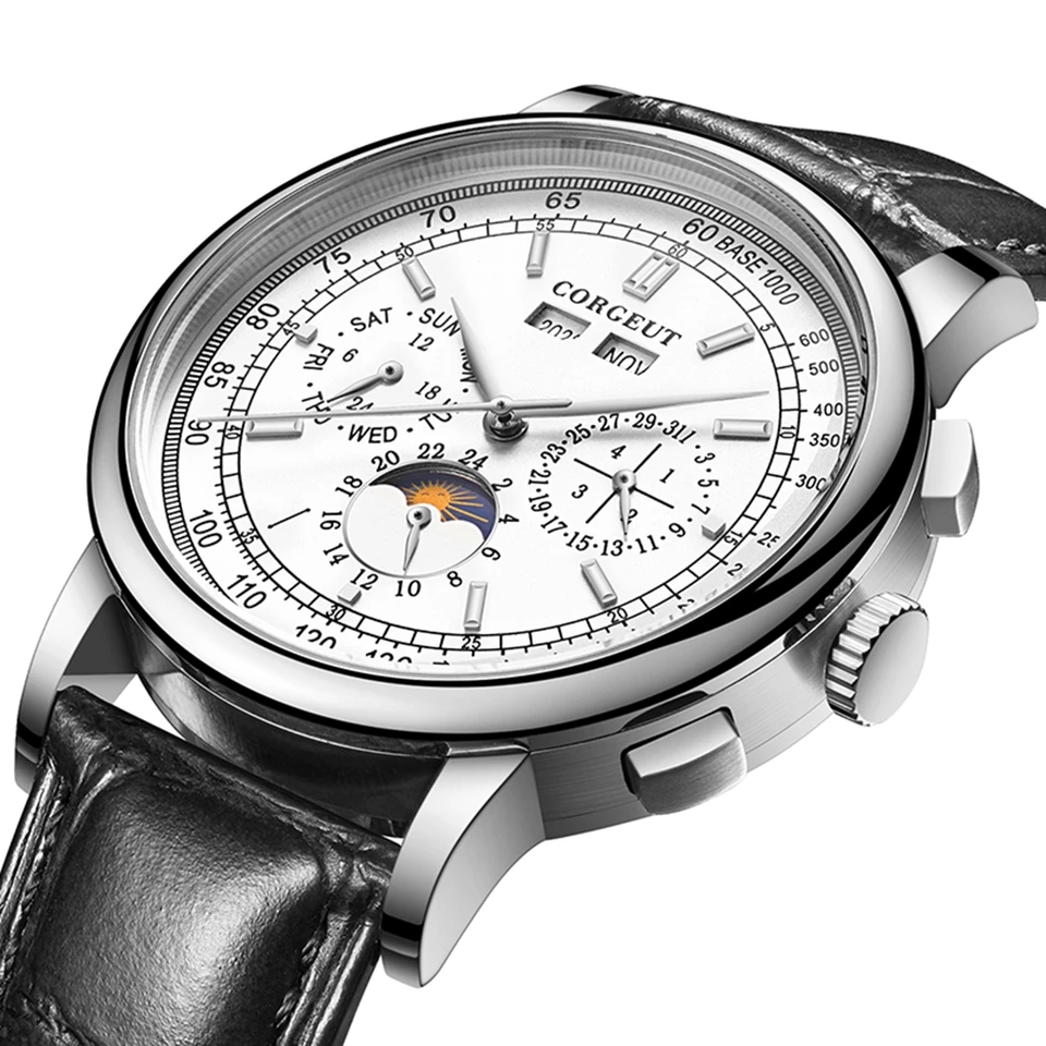 Corgeut Luxury Brand Mens Watch Moon Fáza Multifunkcia Rok Deň týždeň kožené športové automatické mužské hodiny relogio maskulino