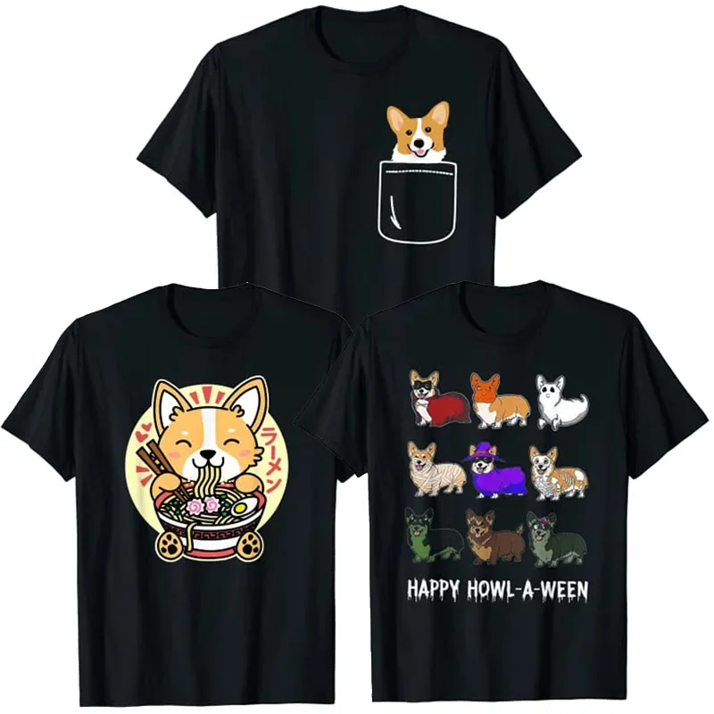 Corgi vo vrecku Funny Crazy Dog Lover Darčekové tričko Kawaii Ramen Cute Anime Dog-Corgi Japonské rezance DRK Tees Halloween kostým