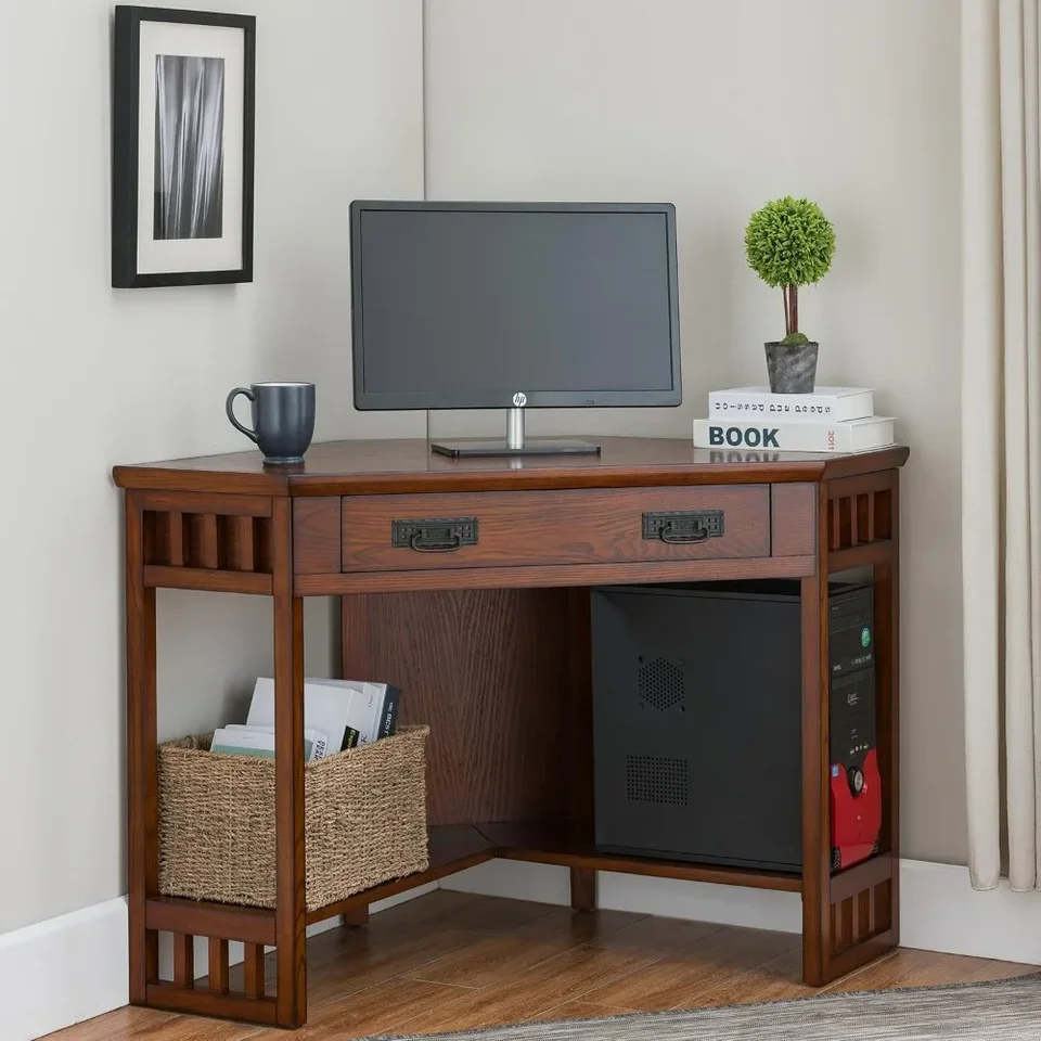 Corner Desk, počítačové puzdro na písanie kníh, s rozbaľovacou zásuvkou na prednú klávesnicu, domácou kanceláriou, masívnym drevom (vintage)