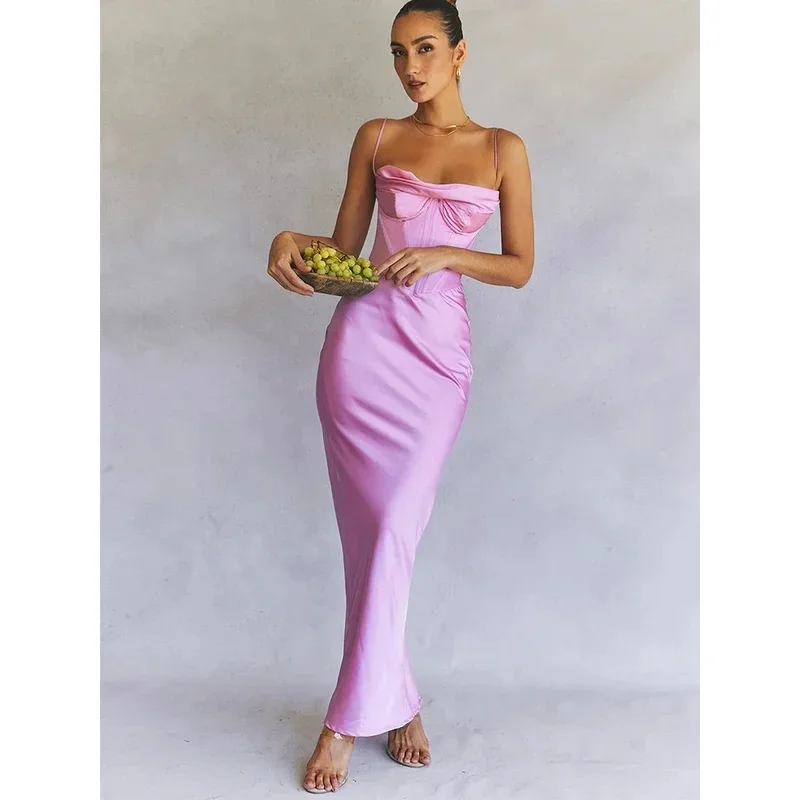 Cosbao Summer Sain Maxi Bodycon šaty Sexy podujatie Nočné svadobné šaty Šaty Ženy Korzet Party šaty ružové štrbiny šaty High Qual