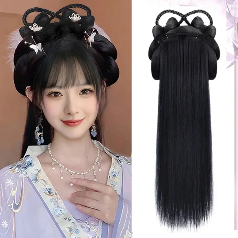 Cosdea ako čínska starodávna parochňa Hanfu Headdress Photography Dance príslušenstvo Parochne čierne pre ženy integrované vlasové buchty
