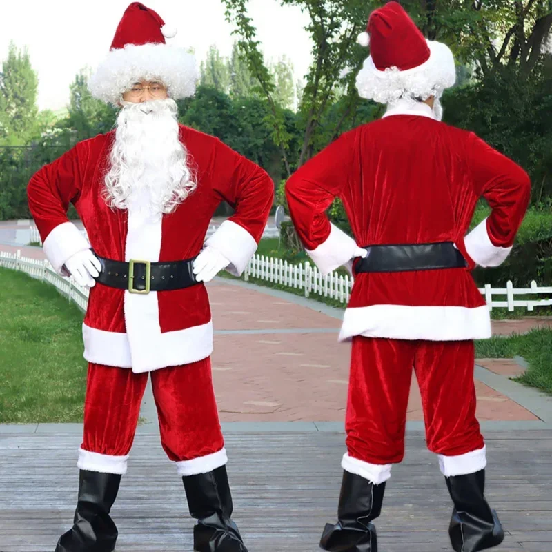 Cosdea Christmas Santa Claus kostým pre mužov pre mužov Dospelý luxusný cosplay kostýmy Party červený oblek kabáty nohavice bradové pásové klobúky plus veľkosť 6xl