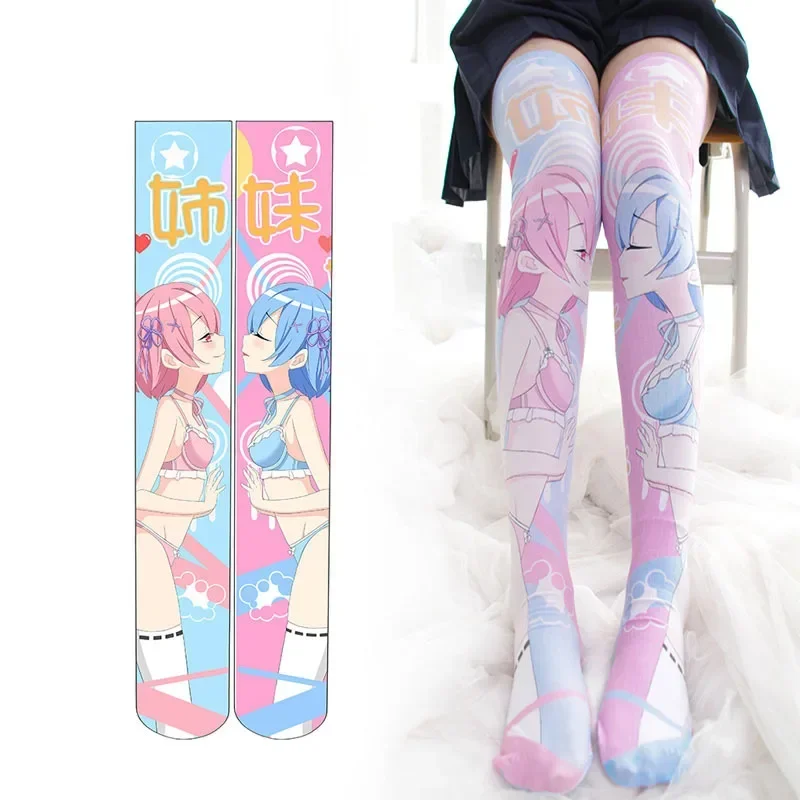 Cosdea Women Girl Re: Zero Rem Ram Lolita Stocking Stocking Stehn High Sock Dance Cosplay japonské anime cez koleno ponožky plus veľkosť