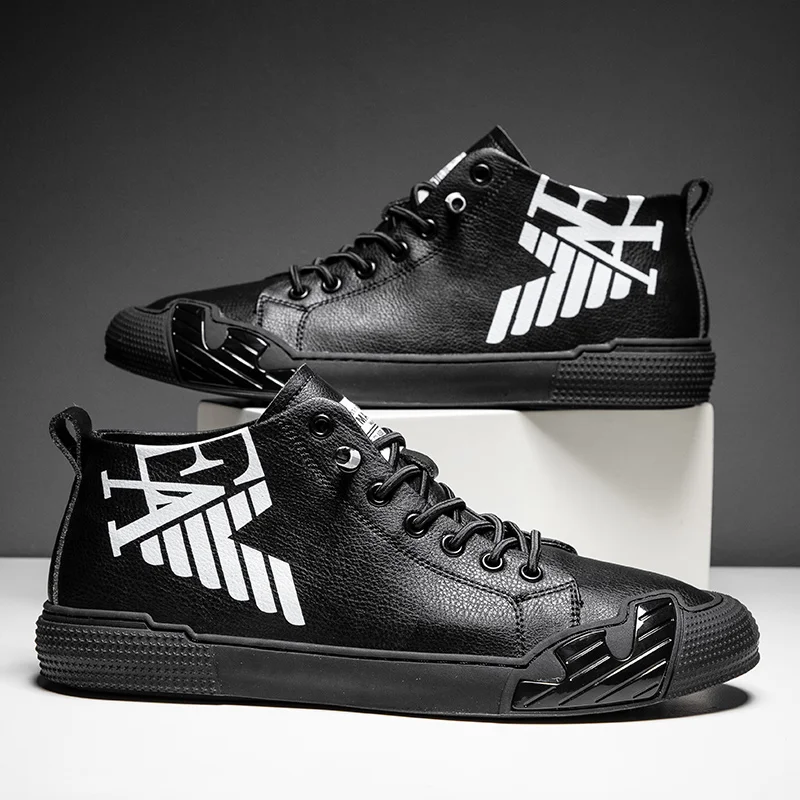 Coslony Men Shoes tenisky kožené pu 2022 módny trentový list čierny vysoký vrchol muži pohodlné športové topánky Men luxusná značka