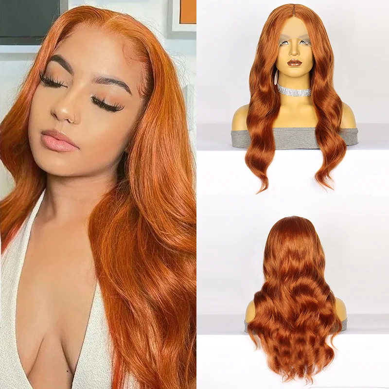Cosplay Európska a americká módna parochňa Dámska tmavo oranžová dlhá kučeravá vlasy T-v tvare predné čipky parochne chemické vlákno Full-head w